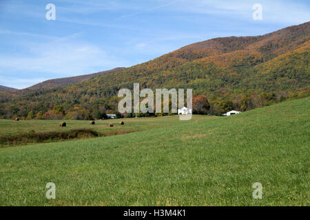 Herbst Landschaft in Blue Ridge Mountains, Virginia, mit Bauernhof und Heuballen Stockfoto