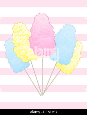 zur Veranschaulichung der beliebte süße Zuckerwatte auf einem rosa gestreiften Hintergrund Stockfoto