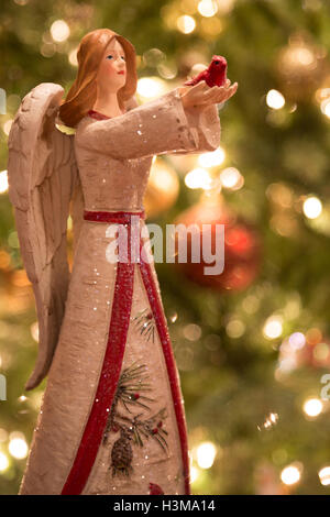 Eine schöne Weihnachtsengel bietet das Geschenk der rote Kardinal. Stockfoto