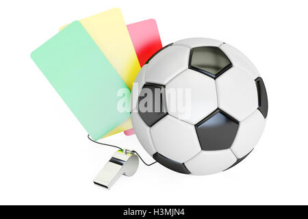 Fußball-Konzept mit grün, rot, gelbe Karte und Pfeifen. 3D-Rendering isoliert auf weißem Hintergrund Stockfoto