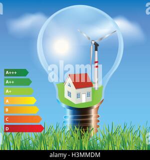 Umweltenergie freundlich. Energiesparende Ökologie Konzepthaus in Glühbirne. Denken Sie grün Konzept Stock Vektor