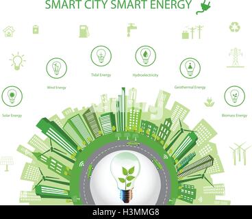 Ökologische Stadt Konzept. Smart City-Konzept und Smart Energy mit verschiedenen ökologischen Icons. Grüne Stadt design grüne Welt Stock Vektor