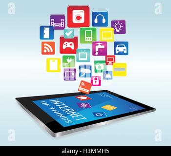 Moderne digitale Tablet-PC mit Internet der Dinge Apps. Internet der Dinge-Konzept-Illustration, Controlling Ihre Haushaltsgeräte Stock Vektor