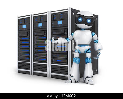 Roboter und drei Server auf weißem Hintergrund (in 3D-Rendering getan) Stockfoto