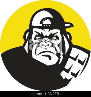 Abbildung von einer wütenden Gorilla Affe Kopf tragen Baseball-Cap von vorne eingestellt im inneren Kreis auf isolierte Hintergrund getan im retro-Stil angezeigt. Stock Vektor