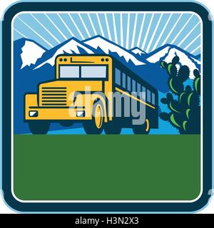 Abbildung eines Schulbusses von vorne mit Kaktus, Berge und Sunburst im Hintergrund im Inneren quadratische Form getan im retro-Stil angezeigt. Stock Vektor