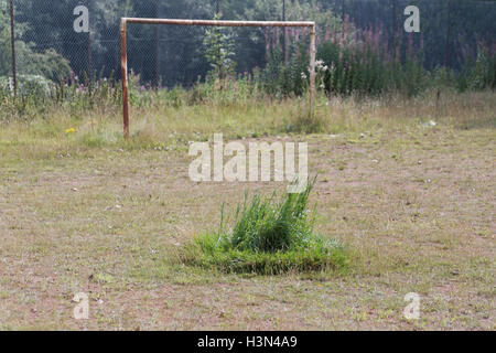 toter Fußball oder Fussballplatz heruntergekommen baufällig und überwucherten Tonhöhe symbolische Grass Field-Goal Beiträge Stockfoto