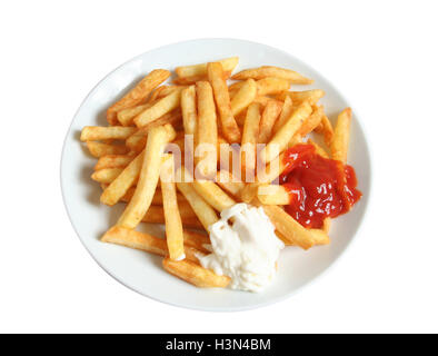 Pommes Frites und Saucen Stockfoto