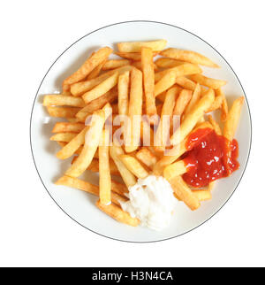 Pommes Frites und Saucen Stockfoto