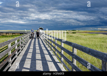 Ein paar mit einem Kinderwagen mit dramatischen Himmel über Kellys Strand Gehweg im Kouchibouguac National Park New Brunswick, Kanada Stockfoto