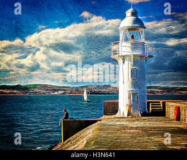 DIGITALE Kunst: Licht aus der Vergangenheit - Brixham Wellenbrecher Leuchtturm, Devon, Großbritannien Stockfoto