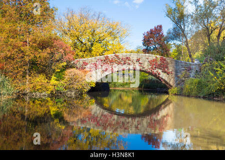 schöne Herbst Saison Blick auf Central Park in New York City mit Teich und Brücke im bunten Herbst Stockfoto