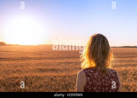 Junge schöne Blonde Mädchen im gelben Feld bei Sonnenuntergang, Sommer Stockfoto