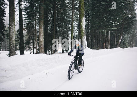 Frau-Mountainbiken im Schnee, Sequoia Nationalpark, Kalifornien, USA Stockfoto