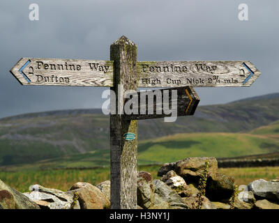 verwitterte farbcodiertes hölzernen Wegweiser Zeichen Steinmauer & Moor in der Nähe von hohen Cup Nick auf Pennine Way in Cumbria, England Stockfoto