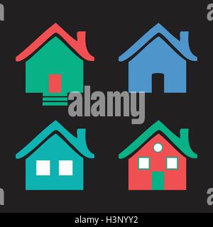 Bunte flache Icons Häuser isoliert Vektor-Illustration auf schwarzem Hintergrund Stock Vektor