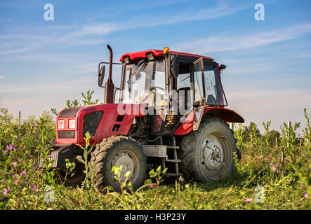 Ein stationäre roten Traktor ist am Rande eines Feldes von Gerste gegen bedecktem Himmel geparkt. Stockfoto