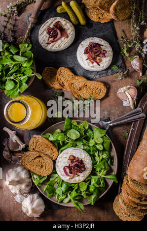 Camembert Käse mit Salat, Panini Brot und süße rote Zwiebel Stockfoto