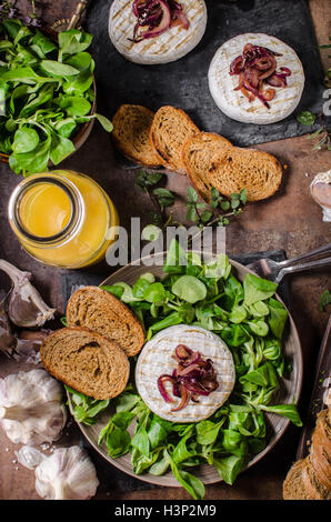 Camembert Käse mit Salat, Panini Brot und süße rote Zwiebel Stockfoto