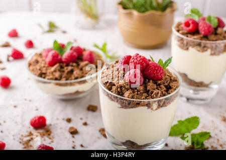 Käsekuchen im Glas mit Himbeeren und Kräutern Stockfoto