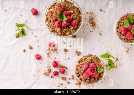 Käsekuchen im Glas mit Himbeeren und Kräutern Stockfoto