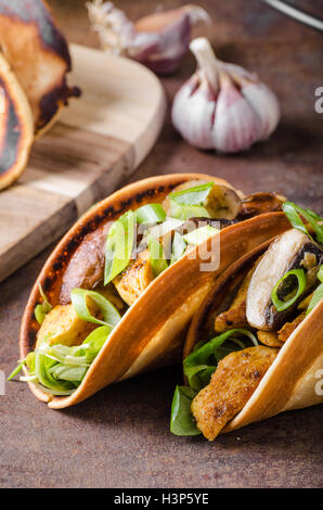 Hausgemachte Tacos gefüllt mit Huhn und Gemüse Stockfoto