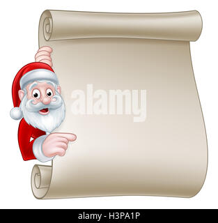 Santa Comicfigur Weihnachten zeigte auf ein leeres Scroll-Zeichen Stockfoto