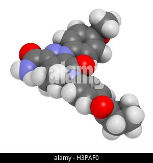 Apixaban gerinnungshemmenden Medikamentenmolekül (direkte FXa-Hemmer). Atome werden als Kugeln mit konventionellen Farbkodierung dargestellt: Wasserstoff (weiß), Kohlenstoff (grau), Sauerstoff (rot), Stickstoff (blau). Stockfoto