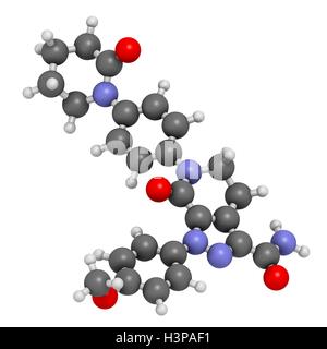 Apixaban gerinnungshemmenden Medikamentenmolekül (direkte FXa-Hemmer). Atome werden als Kugeln mit konventionellen Farbkodierung dargestellt: Wasserstoff (weiß), Kohlenstoff (grau), Sauerstoff (rot), Stickstoff (blau). Stockfoto