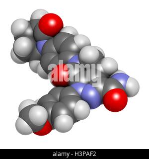 Apixaban gerinnungshemmenden Medikamentenmolekül (direkte FXa-Hemmer). Atome werden als Kugeln mit konventionellen Farbkodierung dargestellt: Wasserstoff (weiß), Kohlenstoff (grau), Sauerstoff (rot), Stickstoff (blau). Stockfoto