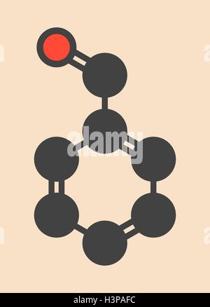 Benzaldehyd Bittermandel Geruch Molekül. Stilisierte Skelettformel (chemische Struktur). Atome sind als farbcodierte Kreise dargestellt: Wasserstoff (versteckt), Kohlenstoff (grau), Sauerstoff (rot). Stockfoto