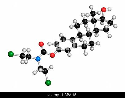 Estramustine Prostatakrebs Chemotherapie Wirkstoffmolekül. Atome werden als Kugeln mit konventionellen Farbkodierung dargestellt: Wasserstoff (weiß), Kohlenstoff (schwarz), Stickstoff (blau), Chlor (grün). Stockfoto