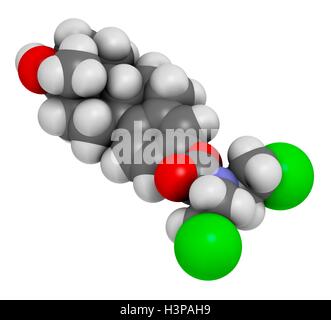 Estramustine Prostatakrebs Chemotherapie Wirkstoffmolekül. Atome werden als Kugeln mit konventionellen Farbkodierung dargestellt: Wasserstoff (weiß), Kohlenstoff (grau), Stickstoff (blau), Chlor (grün). Stockfoto