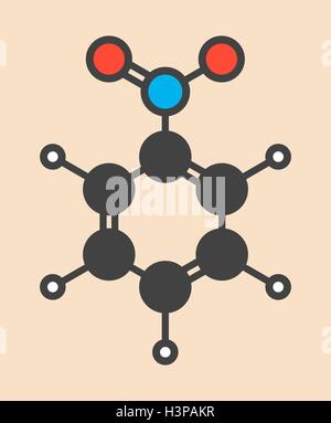 Nitrobenzene Lösungsmittel Molekül. Stilisierte Skelettformel (chemische Struktur). Atome sind als farbcodierte Kreise dargestellt: Wasserstoff (weiß), Kohlenstoff (grau), Sauerstoff (rot), Stickstoff (blau). Stockfoto