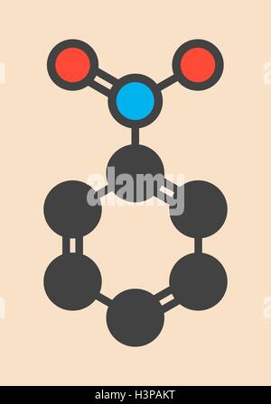 Nitrobenzene Lösungsmittel Molekül. Stilisierte Skelettformel (chemische Struktur). Atome sind als farbcodierte Kreise dargestellt: Wasserstoff (versteckt), Kohlenstoff (grau), Sauerstoff (rot), Stickstoff (blau). Stockfoto