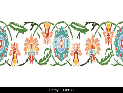 Bunte Vintage Wildblumen Grenze Blumenkarte nahtloser Vektor horizontale Darstellung ethnischer Stil auf weißem Hintergrund. Stock Vektor