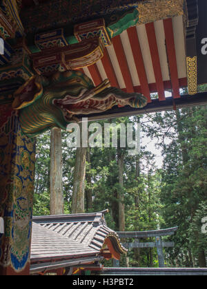 Detail der Dekoration der Traufe des Schreins Gebäude, Tōshō-Gū, Nikko, Japan Stockfoto