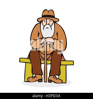 Lustige alte Mann mit Hut und Spazierstock. Großvater mit einem langen Bart auf einer Bank sitzen. Bunte cartoon Vector Illustration Stock Vektor