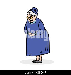 Ältere Dame mit Brille. Oma stehend mit gefalteten Händen. Festlich gekleidete alte Frau mit Hut. Bunten Cartoon-Vektor Stock Vektor