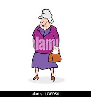 Lustige alte Frau mit Tasche. Großmutter zu Fuß. Bunten Cartoon-Vektor-Illustration auf weißem Hintergrund Stock Vektor