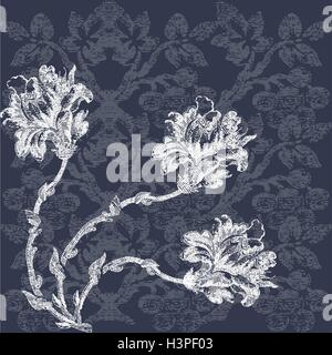 Drei Lilien Strauß Grußkarte Jahrgang mit Blumen säumen Ecke Stock Vektor