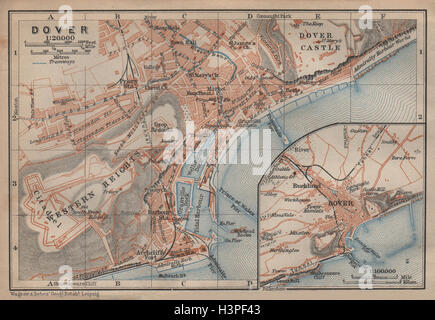 DOVER antiken Stadt Stadtplan & Umgebung. Kent. Alte Karte BAEDEKER 1906 Stockfoto