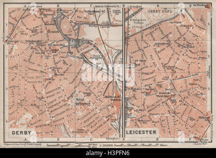 DERBY & LEICESTER antike Stadt Stadtpläne. Midlands. Alte Karte BAEDEKER 1906 Stockfoto