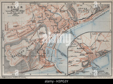 DOVER antiken Stadt Stadtplan & Umgebung. Kent. Alte Karte BAEDEKER 1927 Stockfoto