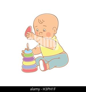 Schöne Baby jungen spielen mit Spielzeug. Kind spielt mit Pyramide. Bunte Vektor-illustration Stock Vektor