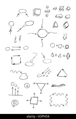 Dünn gezeichneten Pfeile hingegen sprechen Blase, geometrische Formen, mathematische Zeichen gemalt schwarzen Stift auf weißem Hintergrund. Doodle, Skizze Stock Vektor