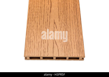 Composite decking Board mit Holzmaserungen isoliert auf weißem Hintergrund Stockfoto