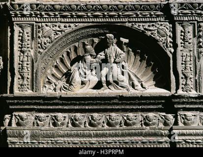 Felipe Vigarny (1475-1543). Spanischer Architekt und Bildhauer. Relief Darstellung der ungläubige Thomas, legte seine Hand auf der Seite von Jesus. Plateresken Stil. Tympanon der Kirche Saint Thomas der Apostel. Haro. La Rioja. Spanien. Stockfoto