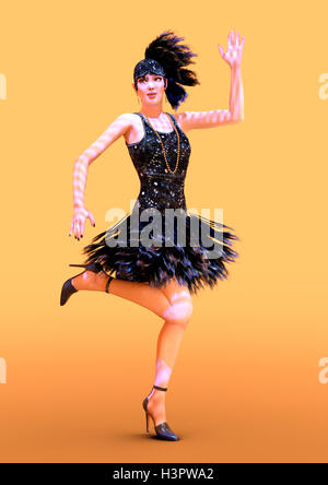 3D-Rendering einer weiblichen Flapper-Tänzerin auf orangem Hintergrund Stockfoto