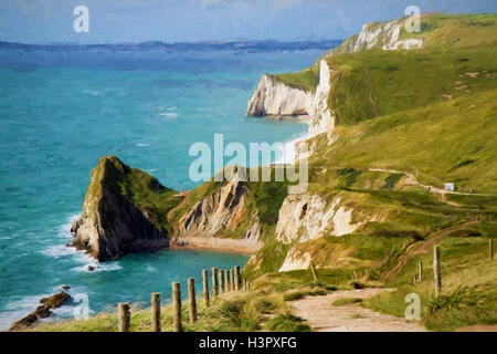 Küste von Dorset in Richtung Durdle Door Abbildung wie Ölgemälde Stockfoto